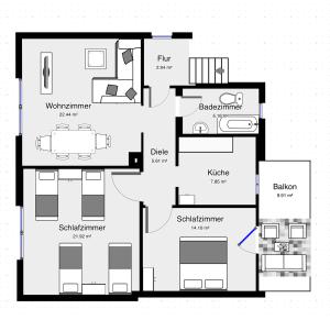 einen schwarz-weißen Grundriss eines Hauses in der Unterkunft City Apartment Jimmy in Neunkirchen