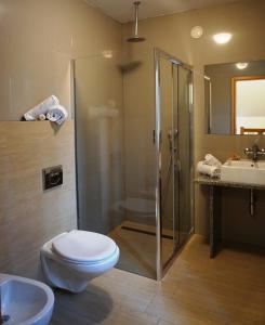 a bathroom with a shower and a toilet and a sink at Laguna Kompleks Wypoczynkowo Rekreacyjny in Mrzeżyno