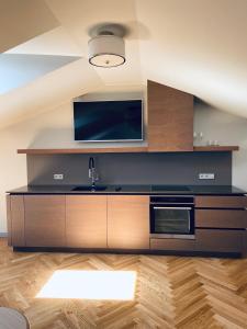 a kitchen with a sink and a tv on the wall at Roze Republikas Apartments in Liepāja