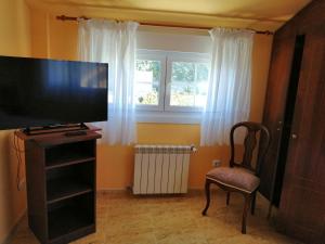 ein Wohnzimmer mit einem Flachbild-TV und einem Stuhl in der Unterkunft Apartamentos Turísticos San Breixo in Carballo
