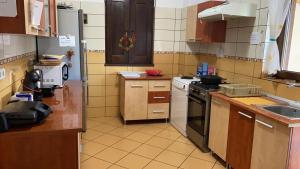 une cuisine avec une cuisinière et un évier dans l'établissement Hasienda, à Râșnov