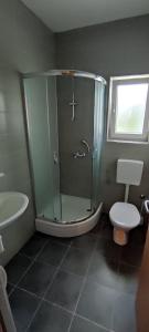 a bathroom with a shower and a toilet and a sink at Ap Nada in Rogoznica