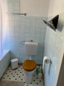 La salle de bains est pourvue de toilettes et d'un siège en bois. dans l'établissement Ferienwohnung Meilerplatz – Familienfreundliche Ferienwohnung für max. 4 Personen in Bad Lauterberg am Harz, à Bad Lauterberg