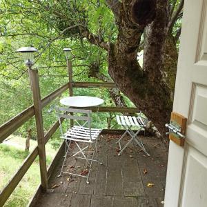 ブトゥーにあるCabane dans un pommierの木の入ったポーチにテーブルと椅子2脚