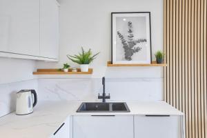 Host & Stay - Golden Lion Apartments في ويتبي: مطبخ مع حوض وصورة على الحائط