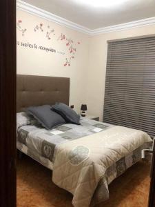 1 dormitorio con 1 cama y una ventana con flores en la pared en LAS CANTERAS, en Las Palmas de Gran Canaria