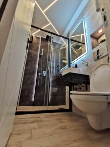 a bathroom with a sink and a glass shower at Brend new luxurious apartment in downtown with free parking in Novi Sad