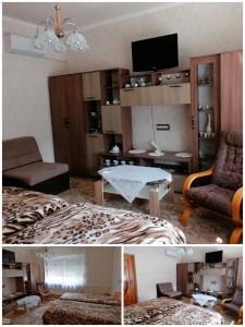 uma sala de estar com um sofá, uma mesa e uma televisão em Vida vendégház em Hajdúszoboszló