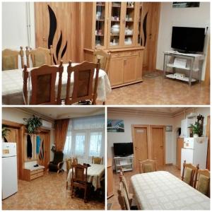 twee foto's van een keuken en een woonkamer bij Vida vendégház in Hajdúszoboszló