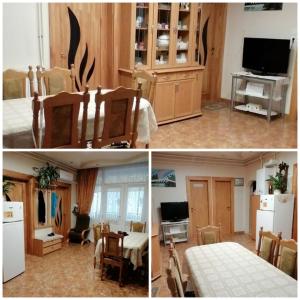 two pictures of a kitchen and a living room at Vida vendégház in Hajdúszoboszló