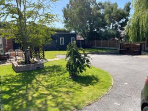 un patio con un árbol y una casa en Borrowfield Lodge en Derby