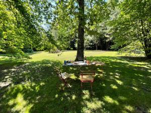 a table and two chairs in the shade of a tree at La Tiote Maison in Fiennes