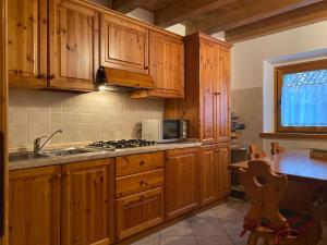a kitchen with wooden cabinets and a sink and a microwave at Casa Meneghin in Erto