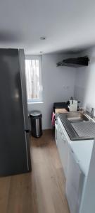 eine Küche mit einem schwarzen Kühlschrank und einer Spüle in der Unterkunft Soleil Roi - immeuble du 16e siècle en plein coeur de Béziers in Béziers