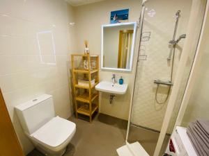 een badkamer met toilet, douche en wastafel bij Cozy Home Apartment - Tallinn City Center in Tallinn +14 foto's