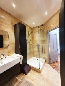 a bathroom with a shower and a sink at St Paul's Studios apartment in London