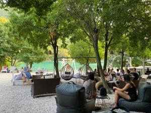 a group of people sitting in chairs under trees at Apartments Porto Fianona in Plomin