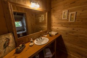 a bathroom with a sink and a mirror at Aguas Arriba Lodge in El Chalten +38 photos