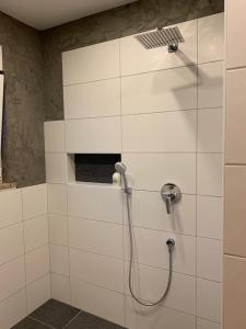 ein Bad mit einer Dusche mit einem Duschkopf in der Unterkunft Apartment mit Parkblick in Gratkorn
