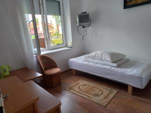 a bedroom with a bed and a tv and a chair at Villa pod Topolami in Okuninka