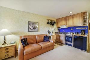 a living room with a brown couch in a kitchen at Cedar Lodge 309 in Frisco