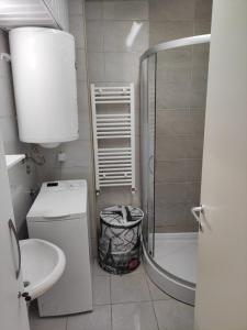 a bathroom with a shower and a toilet and a sink at Feels like home 3 in Skopje