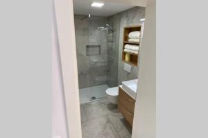 a bathroom with a shower and a toilet and a sink at STUDIO BELA in Radovljica