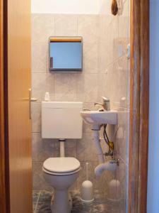 a bathroom with a toilet and a tv on the wall at Petrcane house in Petrcane