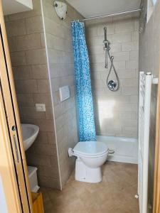 a bathroom with a blue shower curtain and a toilet at Nora Casa Vacanze in Dervio