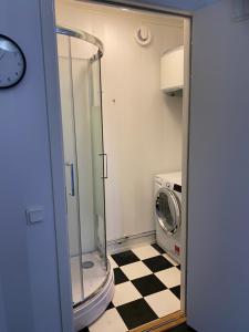 een badkamer met een douche en een wasmachine bij Litet gårdshus in Älandsbro