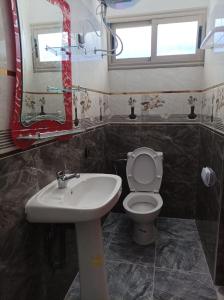 een badkamer met een wastafel, een toilet en een spiegel bij Dar Sultan Oualidia in Oualidia