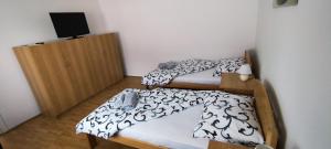 Habitación pequeña con 2 camas individuales y TV. en Guest House Jovanovic, en Melenci