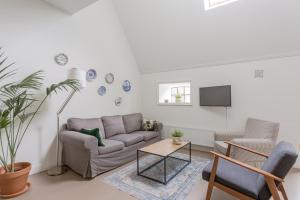 a living room with a couch and a tv at Aldehoeve-logies in Workum