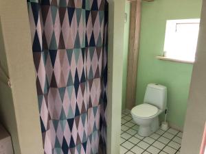 La salle de bains est pourvue de toilettes et d'un mur. dans l'établissement Gæstehus Nyord, à Nyord