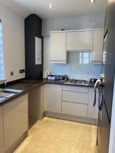 a kitchen with white cabinets and a refrigerator at APARTMENT 7, THE CATHEDRAL VIEW in Truro