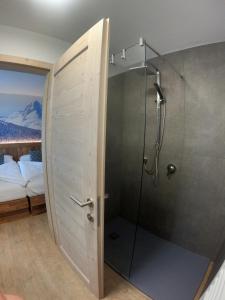 a bathroom with a shower with a glass door at Mas dei Masi in Cavalese