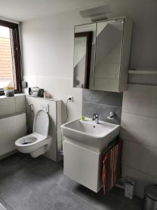 a white bathroom with a toilet and a sink at Zu Hause auf Zeit bei Marion in Bobbau