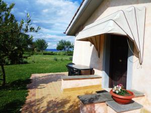 une terrasse couverte d'une maison avec une table et un parasol dans l'établissement Agriturismo Fontelupo, à Bracciano