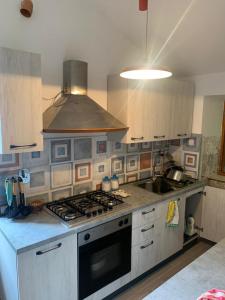 a kitchen with a stove top oven in a kitchen at Esclusivo chalet immerso nel verde in Filettino Graziani