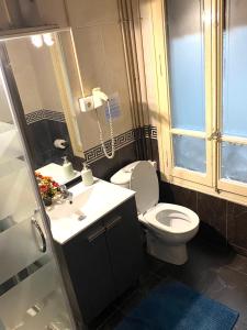 La salle de bains est pourvue de toilettes, d'un lavabo et d'un miroir. dans l'établissement Barcelona Central Apartments, à Barcelone