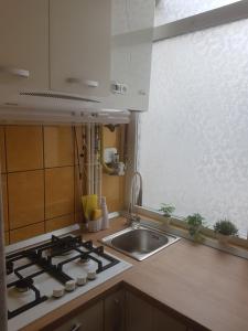 a kitchen with a stove top and a sink at ApartHotel Marasesti in Suceava