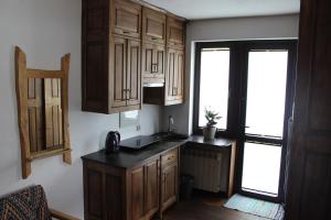 a kitchen with wooden cabinets and a sink and a window at Studio - mieszkanie wakacyjne. in Cisna