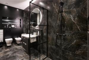 a black bathroom with a shower and a toilet at Dalberg Loft - Boutique Ferienwohnung im Zentrum in Fulda