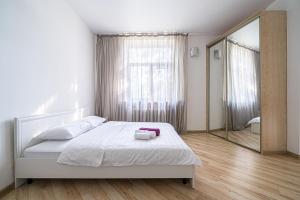 a bedroom with a bed and a large mirror at Аpartment near Central Vokzal in Minsk