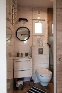 een kleine badkamer met een toilet en een spiegel bij Domki Letniskowe Solaris in Białogóra