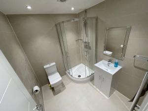 a bathroom with a shower and a toilet and a sink at London Dagenham Apartments in Dagenham