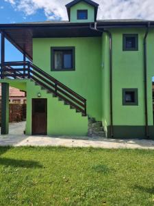 una casa verde con una escalera en el lateral de ella en Green House Inn, en Călimăneşti