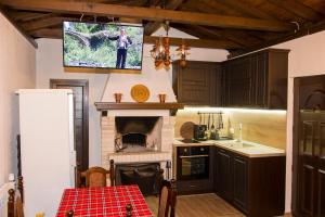 ズラトグラッドにあるMladenova Houseの暖炉と壁掛けテレビ付きのキッチン