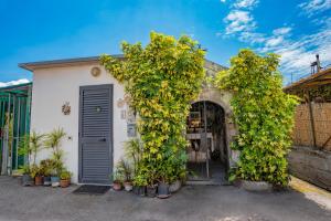 a white building with a blue door and trees at Nives Bed & Breakfast in Pompei