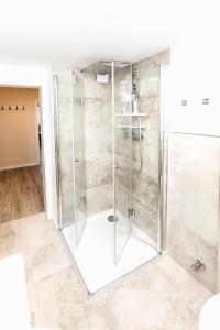 a shower with glass doors in a bathroom at Smart Resorts Haus Jade Ferienwohnung 201 in Winterberg